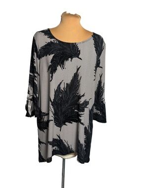 Clara Sun Woo Black White Feather Print Tunic Top 3/4 Sleeve Tie Detail Size L